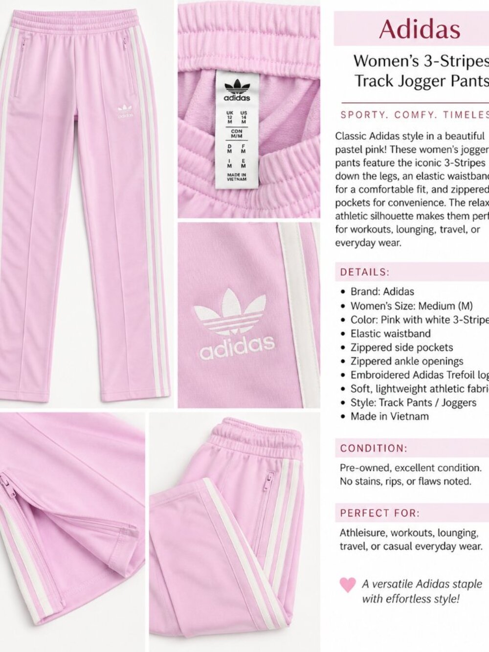 Adidas Originals Women’s Pink 3-Stripes Track Pants Joggers Size M